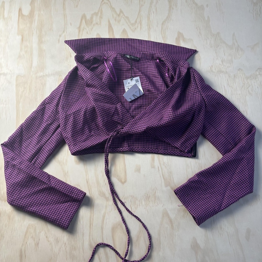 Zara Blouse Womens Medium Purple Check Wrap V Neck Cropped Long Sleeve Tie Front
